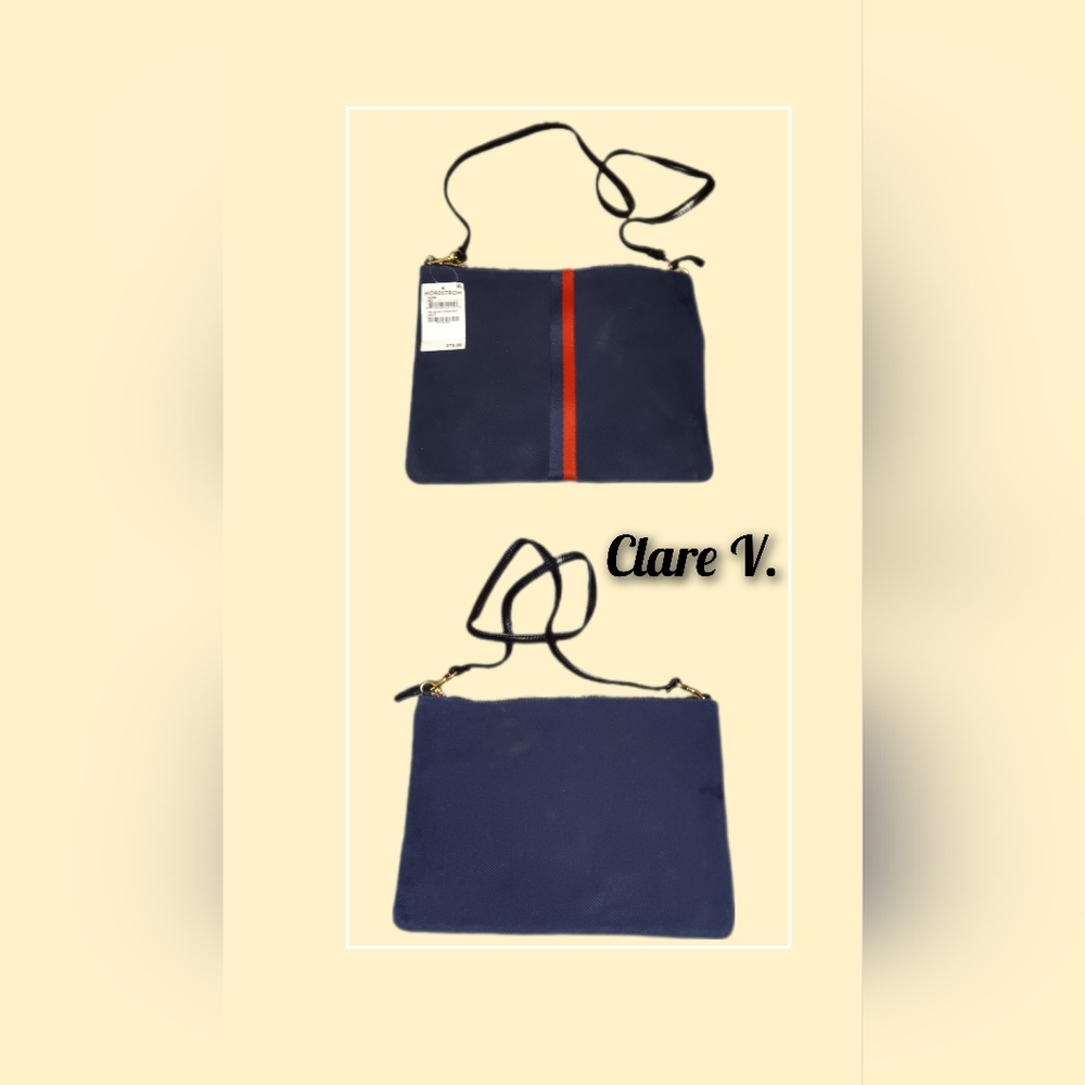 CLARE V Sac Bretelle Perforated Navy Blue Suede Crossbody Shoulder Bag